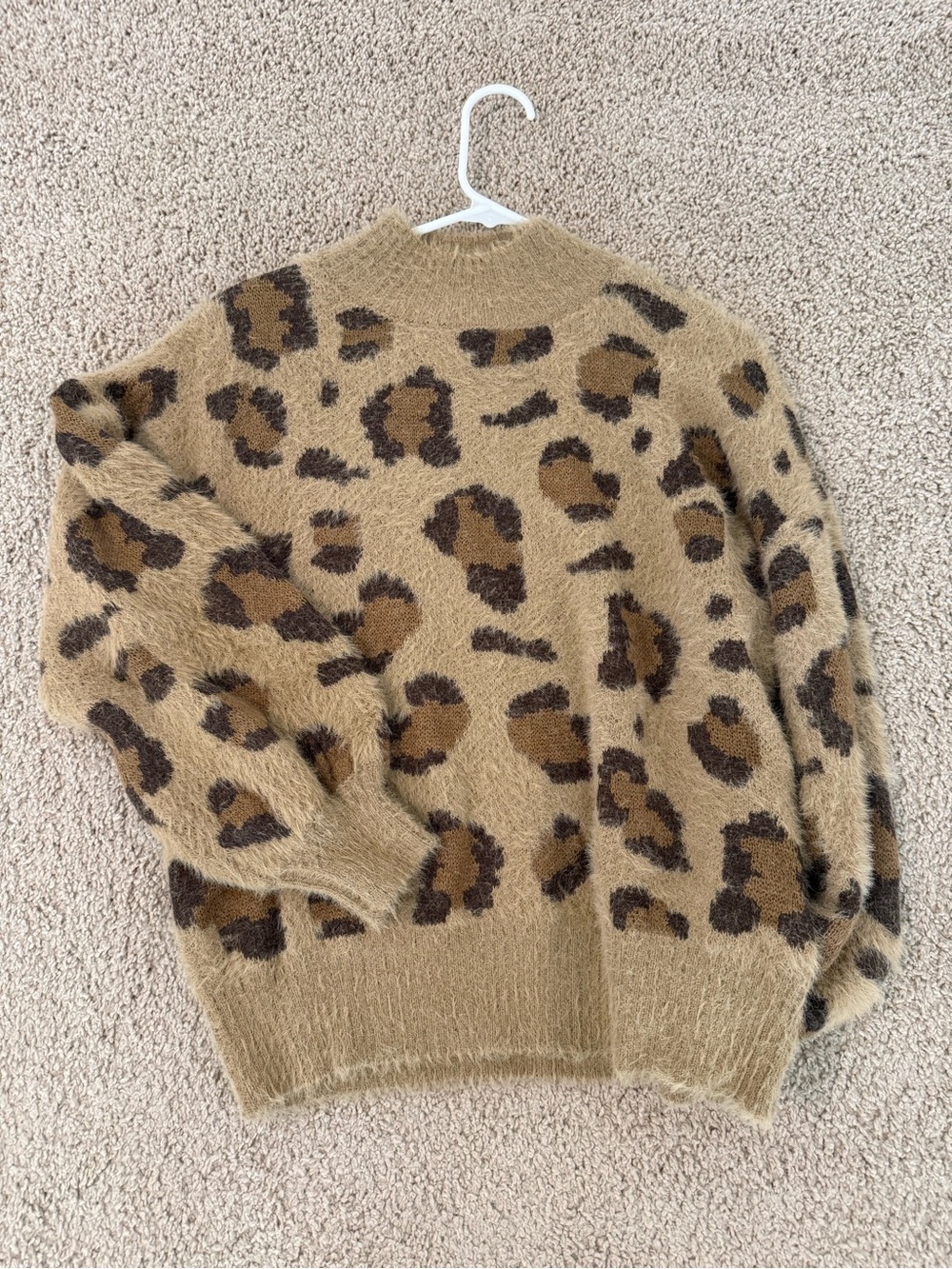 Leopard Print Fuzzy Crewneck Sweater - Taupe/Brown